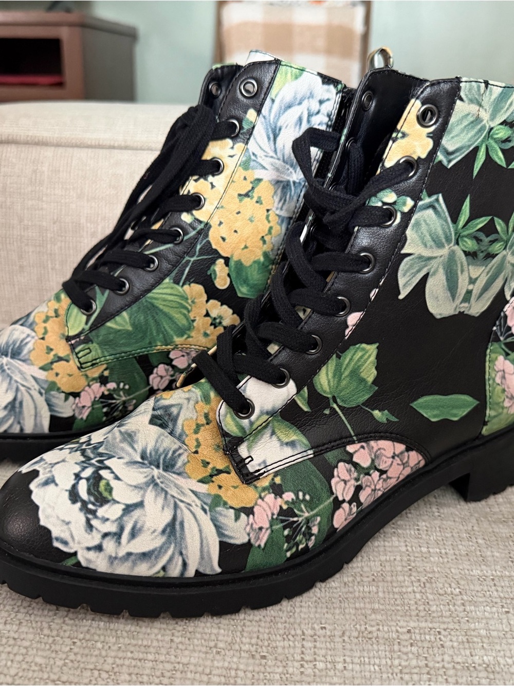 Steve Madden Black Floral Combat Boots with Green, Yellow & Pink Accents